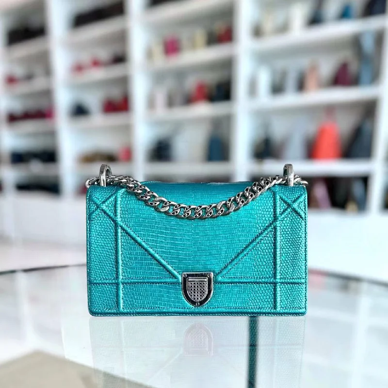 Christian Dior Saddle bags with a distressed leather finish*Exotic* Diorama AMA Small Lizard Skin Green Blue Silver Hardware