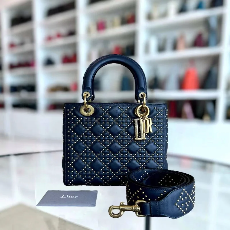 Christian Dior handbags with a detachable mirror for on - the - go touch - ups*Flap Version* Lady Medium Studded Calfskin Dark Blue Golden Hardware