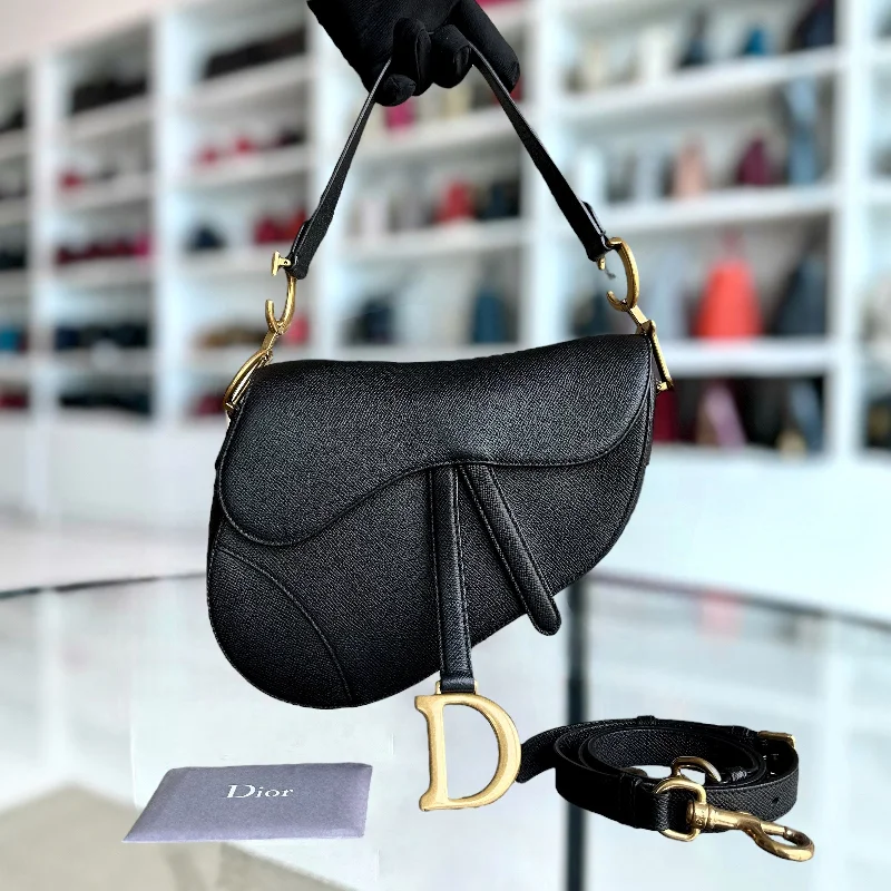 Trendsetting Christian Dior crossbody bags with a colorful strap*New Version with Strap* Dior Saddle Medium Grained Calfskin Black Golden Hardware