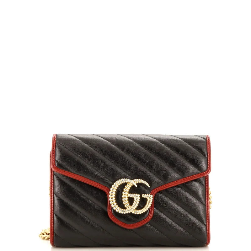 Women Gucci Sylvie bags with a crystal - embellished web stripeGG Marmont Chain Wallet Diagonal Quilted Leather Mini