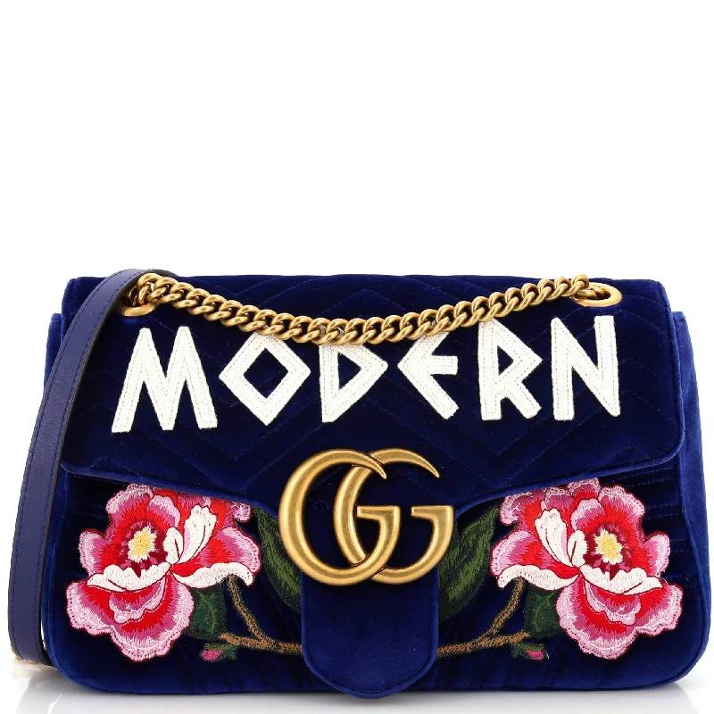 Women Gucci Sylvie bags with a leather - wrapped handleGG Marmont Flap Bag Embroidered Matelasse Velvet Medium