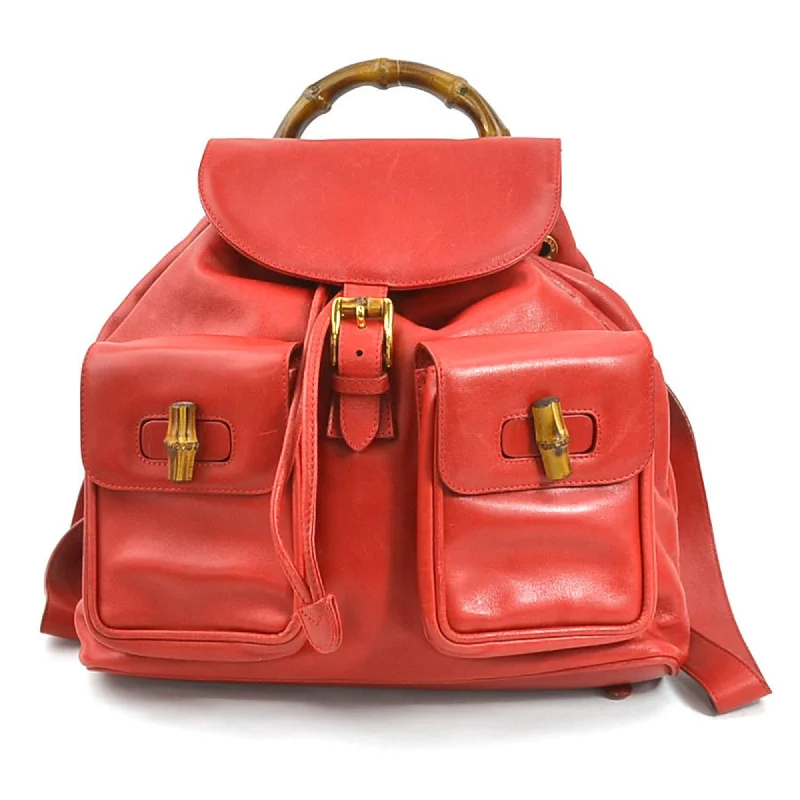 Women Gucci crossbody bags with a woven leather strapGUCCI Backpack Bamboo Leather Red Gold Ladies